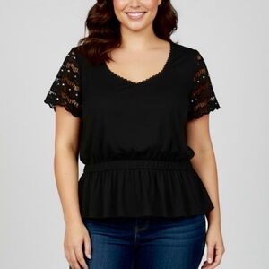 LUNA MOON Pearl Lace Sleeve Sweetheart Neck Elastic Peplum Blouse Top Black 3X